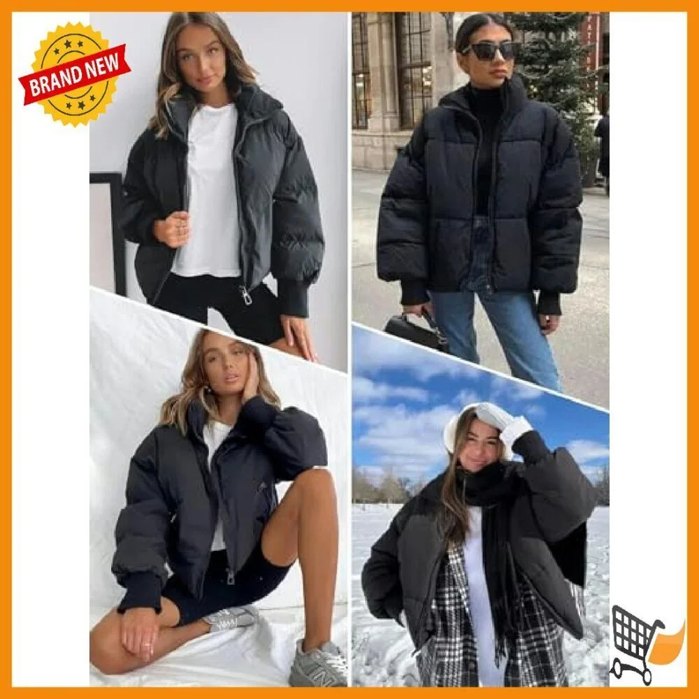 Women's Cropped Puffer Jacket Quilted Winter Coat Stand Collar Zippered Pockets
